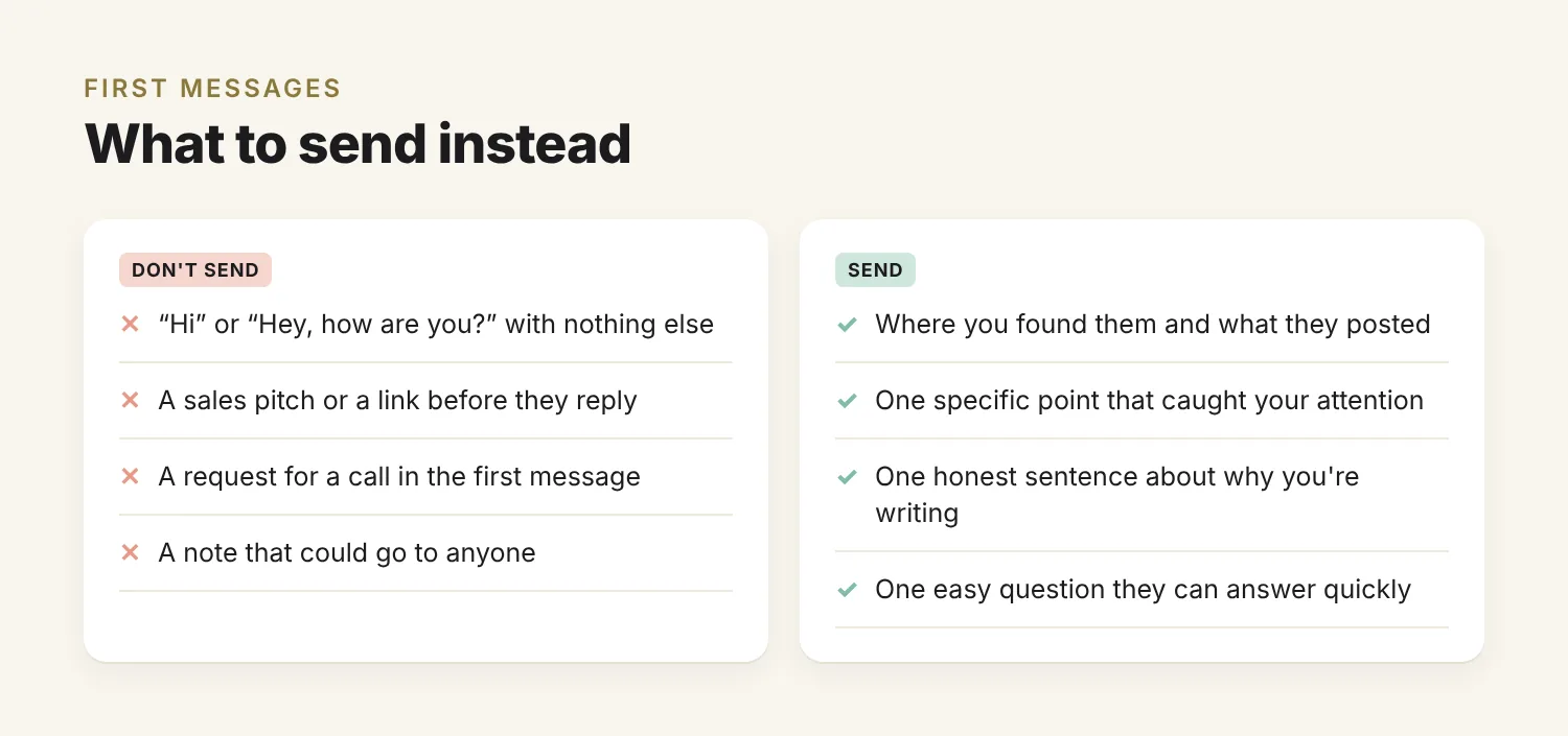 Comparison of first Facebook messages: don't send a bare hi, a pitch, a call request or a generic note; send context, a specific point, an honest reason and an easy question
