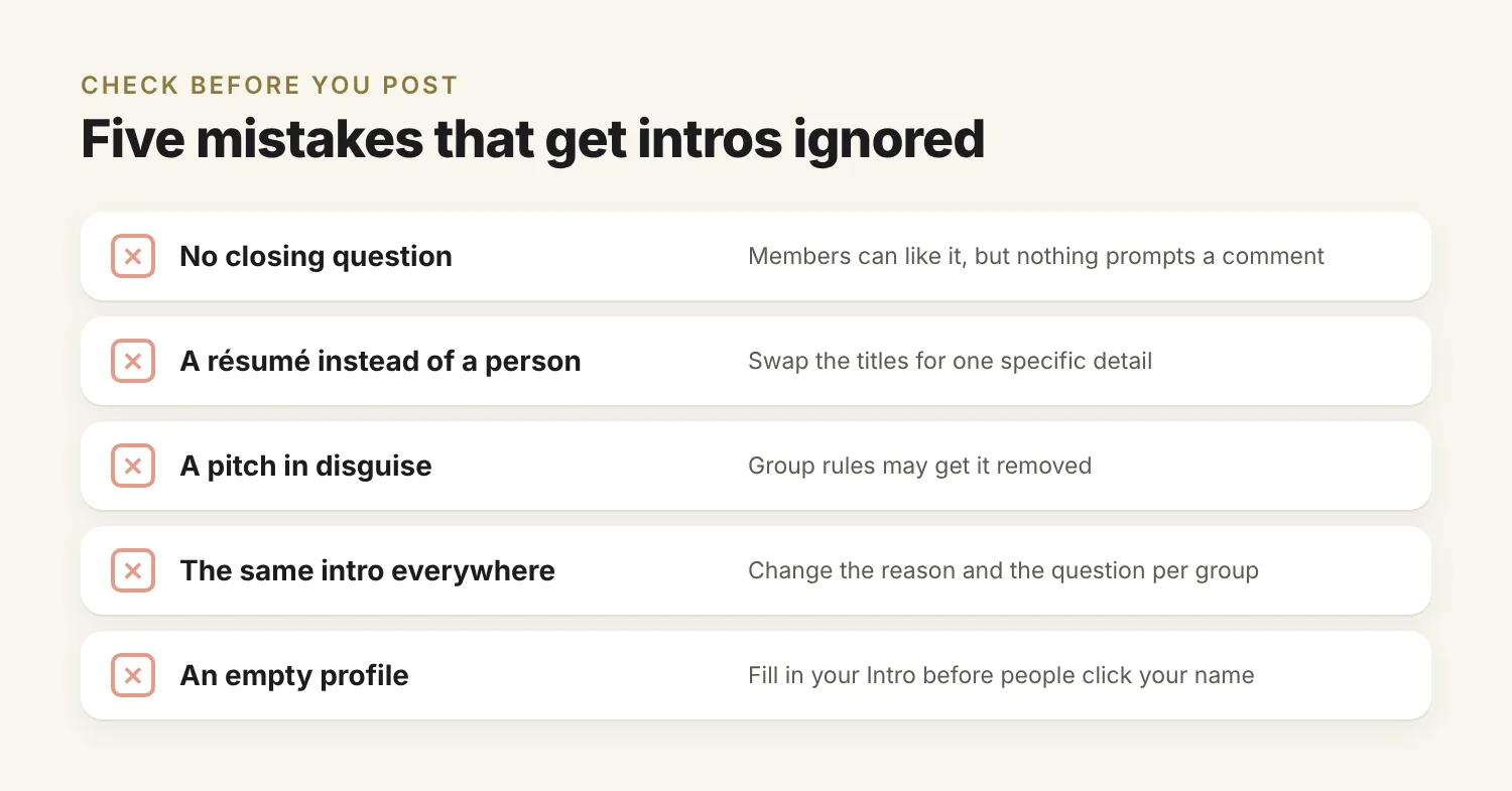Checklist of five Facebook intro mistakes: no closing question, a résumé instead of a person, a pitch in disguise, the same intro everywhere, and an empty profile